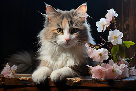 木桌上的猫咪和花朵图片