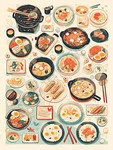 火锅串串展示的火锅材料插画