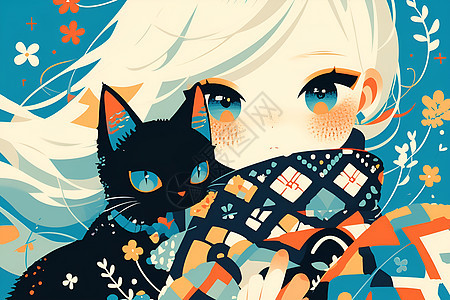 少女与猫的迷人插画图片