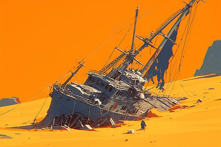 沙漠中的沉船高清图片