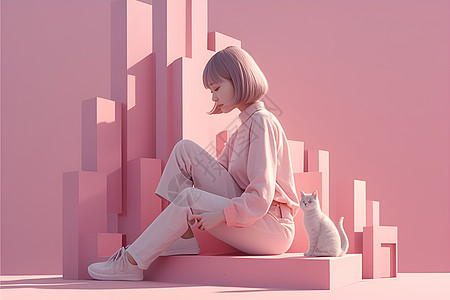 粉色女孩和猫背景图片