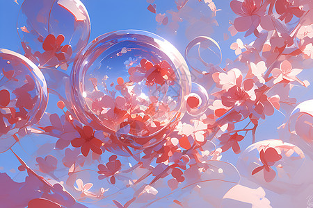花瓣与飞舞的泡泡图片
