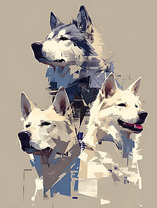 三只抽象狗插画图片