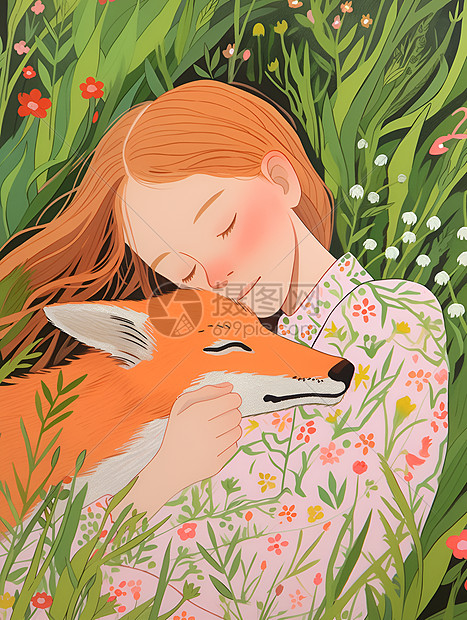 草地上抱着狐狸的女孩图片