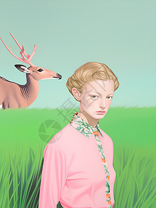 草地上的女孩和羚羊图片