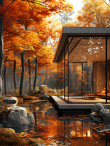秋日树林里的别墅图片