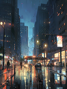 暴雨街道雨中的城市插画