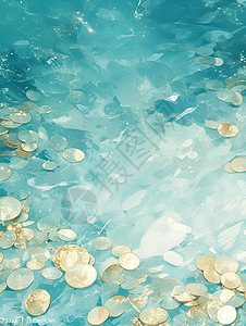 清澈水中的金币背景图片