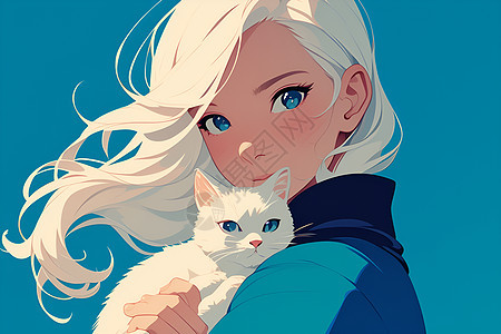 抱着小猫的白发女孩图片