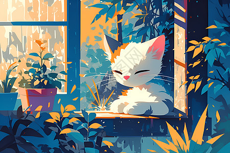 窗前猫咪与植物图片