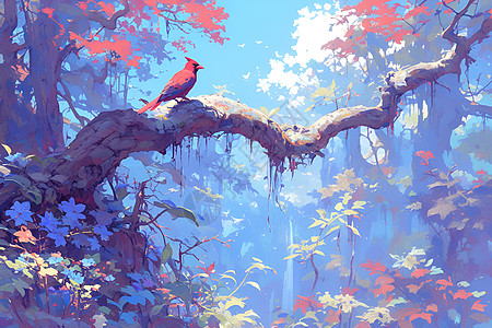 林间的红鸟图片