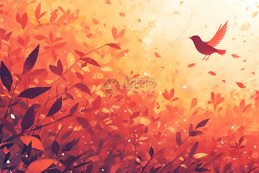 丛林飞翔的红鸟图片