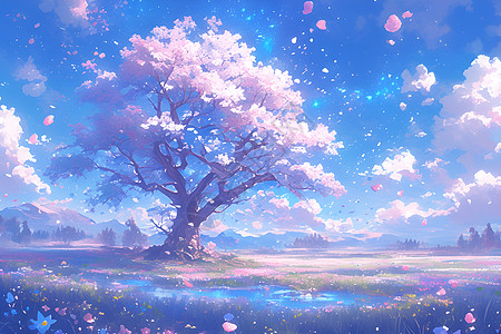 梦幻粉花树下星空背景图片