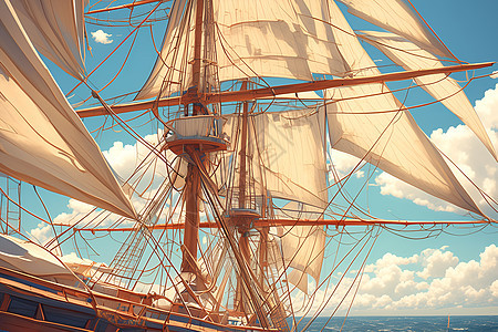 风中拂动的木船帆图片