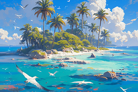 海滩棕榈树和海鸥图片