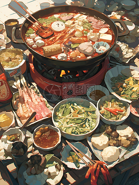 满桌盛放着的火锅盛宴图片
