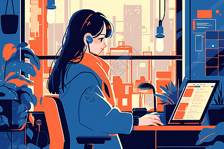 电脑女人工作加班的职员插画