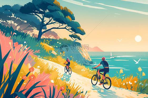 海边阳光下两名骑行者图片