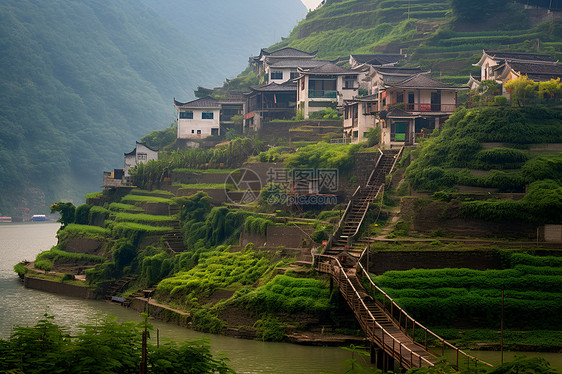 山村边的河流和跨越村庄的桥梁图片