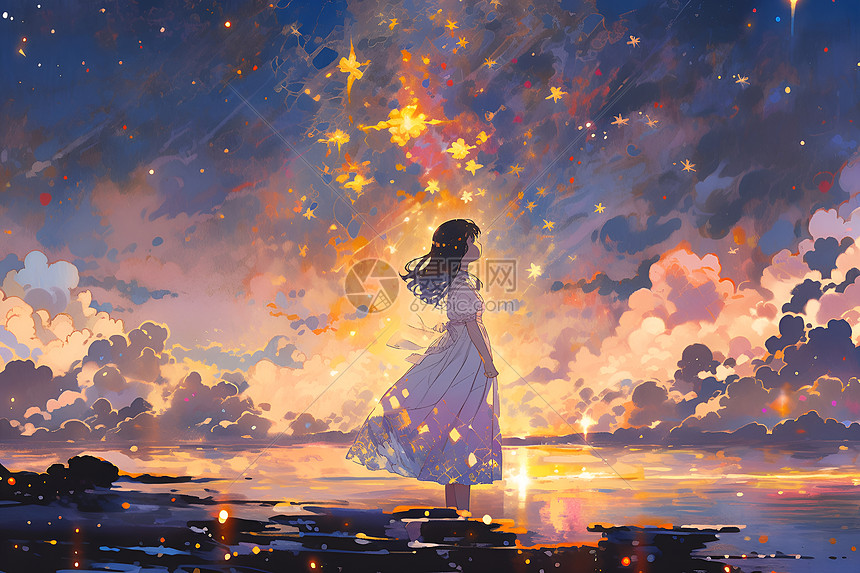星空与水相映下的少女图片