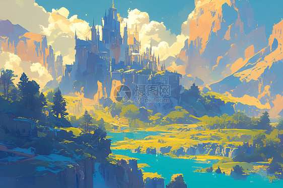 山脉中的魔幻城堡图片