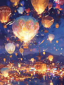 彩色热气球的奇幻之夜图片