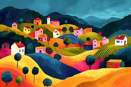 绘画的山村油画背景图片