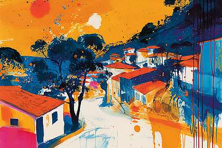 绘画的村庄插图背景图片