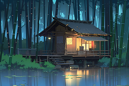 夜晚竹林中的小屋图片