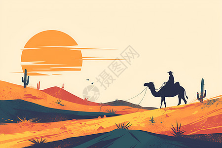 夕阳下的沙漠旅程高清图片