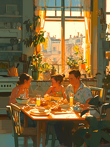 在家吃饭一家人坐在桌子边吃饭插画