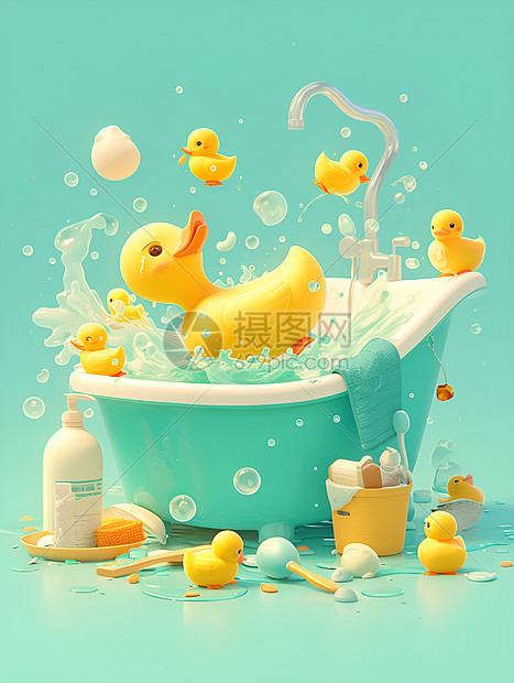 浴缸里的嬉戏的玩具鸭子图片