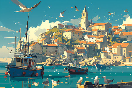 绘画的渔村和船只图片