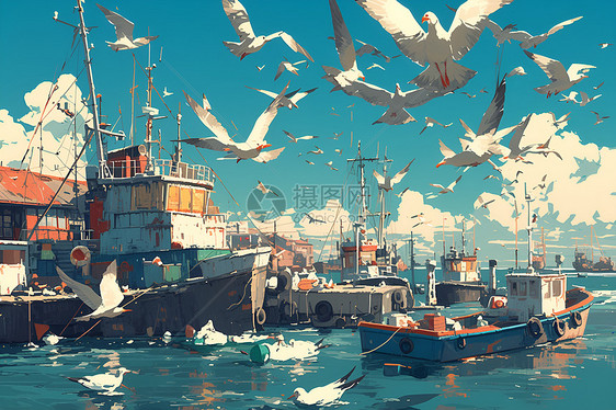 港口的渔船插画图片