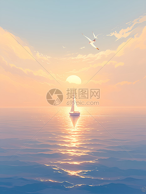 夕阳下的海洋船只图片