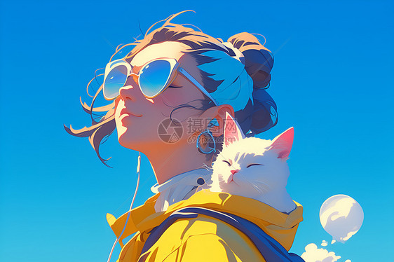 黄衣女孩肩头的猫咪图片