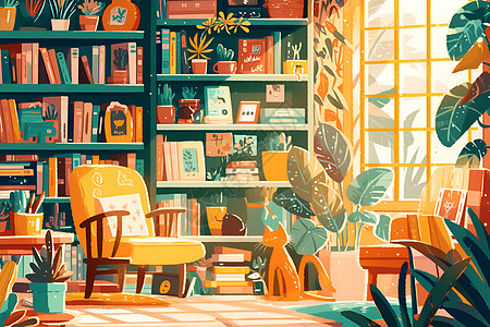 旧屋子阳光下的书房插画