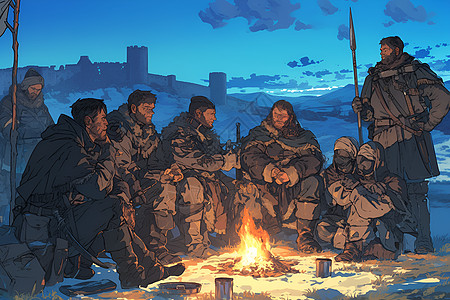 战地火焰士兵城墙外的士兵围坐插画