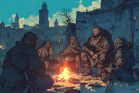 士兵围坐在篝火旁高清图片