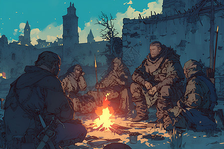 士兵围坐在篝火旁背景图片