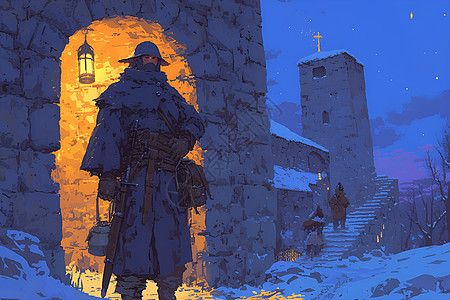孤独士兵在雪夜中背景图片
