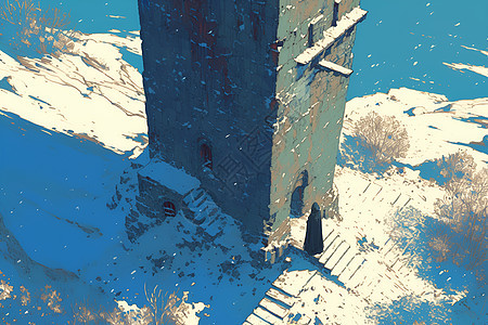 冬日雪中登塔的孤影图片
