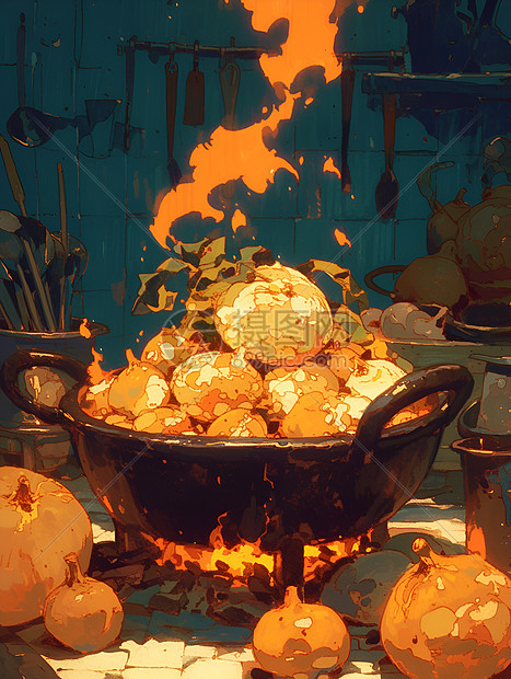 火坑边的美食盛宴图片