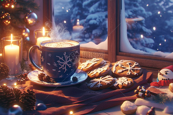窗户下的热咖啡和饼干图片