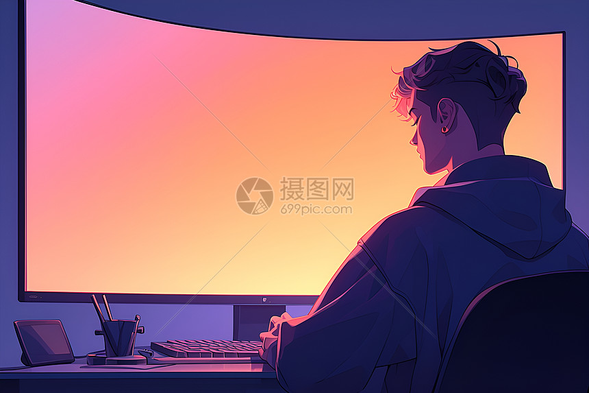 男子坐在电脑桌前工作图片
