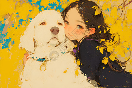 阳光下小女孩与毛茸茸的狗狗背景图片