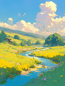绿色田野中的河流插画背景图片