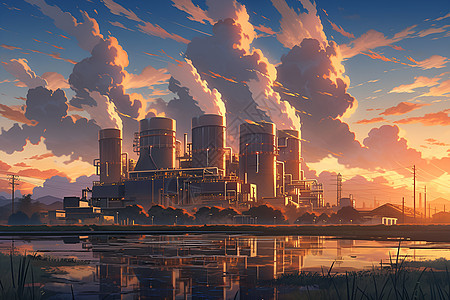 日落时的发电厂图片
