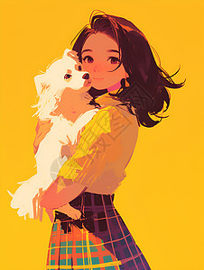 少女和狗狗卡通插画背景图片