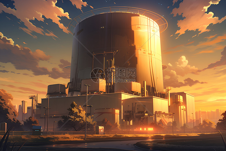 日落时的核能工厂图片